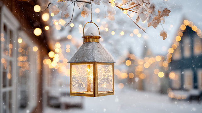 Glowing Christmas lantern hanging from a tree branch in a snowy winter street
