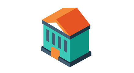Isometric building icon with orange roof and teal walls.