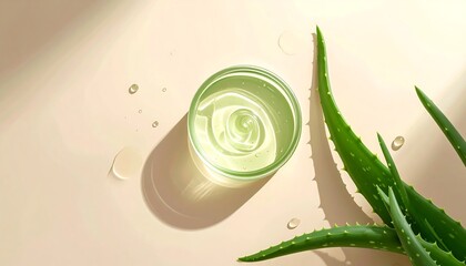 Top-down view of a small glass bowl filled with a clear gel, aloe vera plant leaves beside it. The background is light tan