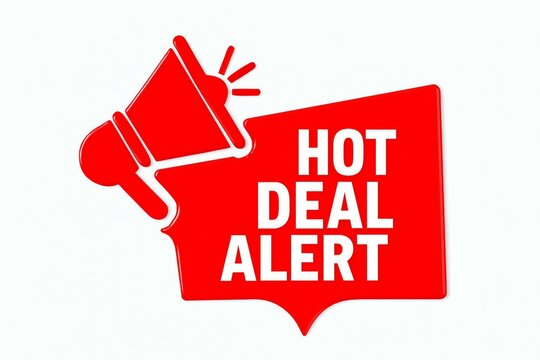 Bright red megaphone announcing a hot deal alert with bold white text on a white background