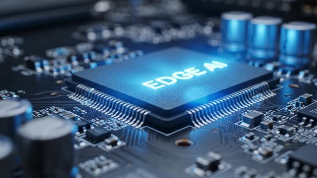 Edge AI Technology Concept. Glowing Microchip on Circuit Board.