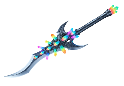 A magnificent, ornate blade adorned with vibrant, colorful crystals, gleaming against a stark black background.