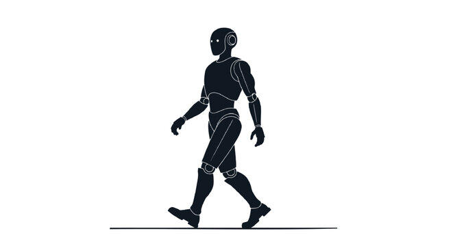 Silhouette of a humanoid robot walking forward on a white background with a clean minimalist design