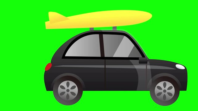 A small car carrying a surfboard to the beach