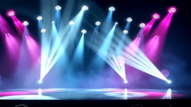 Stage lighting illuminates a dark room. Beams of blue and pink light cascade down to a reflective stage