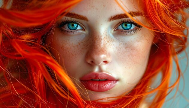 A close-up portrait shows a woman with vibrant red hair framing her face. Her striking blue eyes gaze directly
