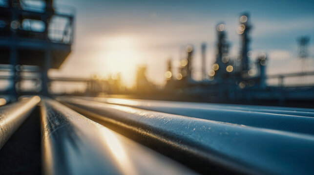 Industrial natural gas pipelines extending toward a refinery complex with sunset lighting creating a warm and atmospheric scene of energy infrastructure