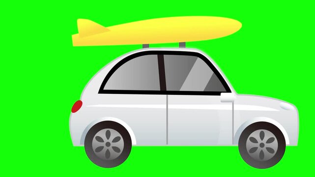 A small car carrying a surfboard to the beach