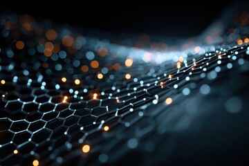 Close up of a digital dna strand with warm particles floating around on a dark background