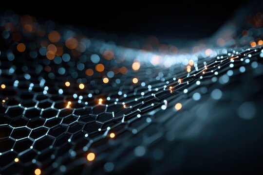 Close up of a digital dna strand with warm particles floating around on a dark background