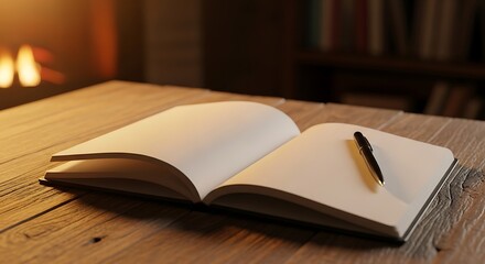 Fototapeta premium Open Book with Pen on Wooden Table Near Fireplace