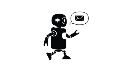 Cute black robot character running with a speech bubble containing an email icon symbolizing communication and delivery