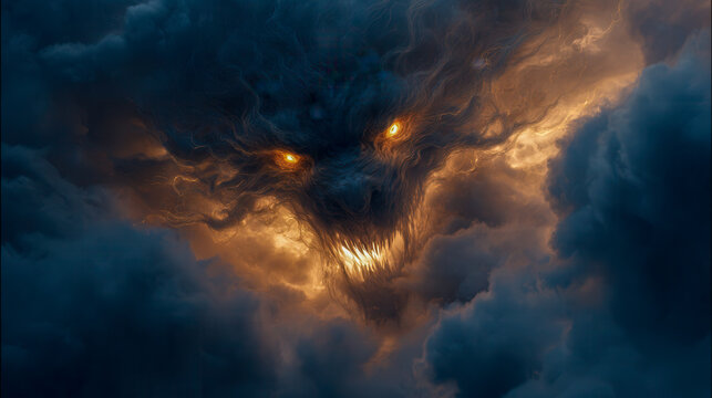 Fiery glowing eyes and menacing mouth emerging from swirling dark storm clouds creating a dramatic and ominous supernatural atmosphere in the sky - Powered by Adobe