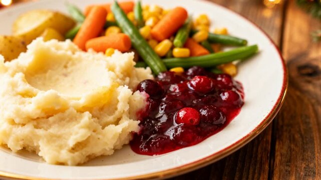 festive holiday plate filled with mashed potatoes, cranberry sauce, and assorted mixed vegetables, perfect for thanksgiving christmas dinner footage or recipe side dish content