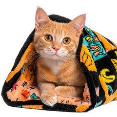 Naklejka premium Cozy Cat in Bed: An adorable ginger cat snuggles in a soft, patterned bed, its alert gaze and warm fur exuding comfort and contentment.