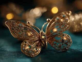 Elegant Filigree Butterfly Brooch Adorned with Teal and Gold Gemstones Resting on a Rich Emerald Green Textile, Golden Bokeh Lights Shimmering in the Softly Blurred Background