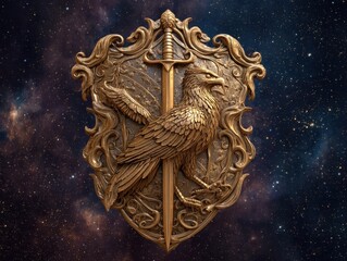 Golden Eagle Shield with Prominent Eagle and Sword Against a Sparkling Starry Night Sky Ornate and Powerful Symbol of Dominion