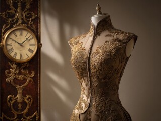 Ornate golden embroidered dress on mannequin against a classic clock elegant fashion display luxurious textile intricate patterns historical time piece backdrop