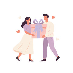 Couple Sharing a Large Gift Box with Ribbon at an Outdoor Community Event Featuring Minimalist Design and Heart Accents