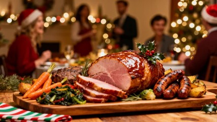 lively holiday gathering showcasing flavorful food assortment, including meats, veggies, and festive decorative touches, perfect for thanksgiving christmas celebration footage or seasonal advertising