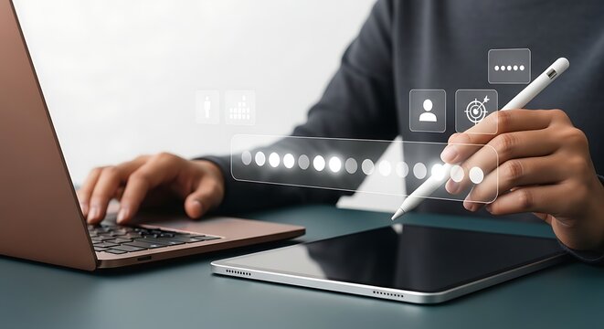 Person working on laptop and tablet with digital interface.