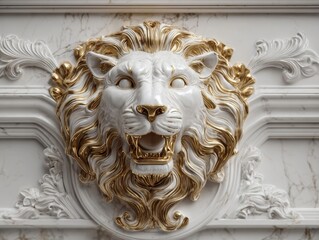 Stunning white marble lion head sculpture with golden accents, meticulously carved and set amidst ornate classical embellishments on a sophisticated background.