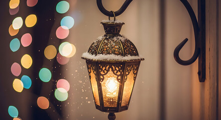 Illuminated lantern with snow on top and colorful bokeh lights in a festive winter scene outside home
