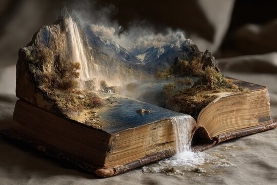 Ancient books and old relics resting on stone surface provide mysterious historical atmosphere