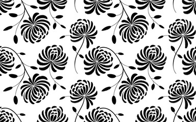 Black and white floral pattern with stylized flowers and leaves