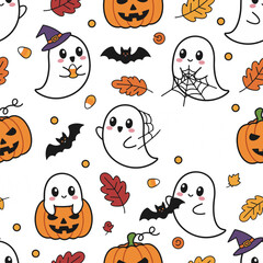 Cute Halloween Ghosts Dressed as Witches and Vampires with Pumpkins Bats and Spiderwebs on a Black Background