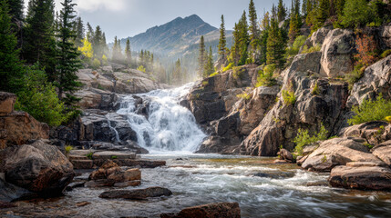 Scenic view of a serene mountain waterfall flowing through rugged rocks surrounded by evergreen trees with mist rising against a cloudy sky backdrop