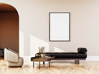 3D interior render with a stylish sofa and a blank mockup frame on the wall. Ideal for showcasing artwork, prints, posters, or interior design and decor concepts.