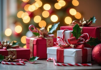 Holiday scene with red and white wrapped gifts, candy canes, holly and warm blurred Christmas lights for cozy festive atmosphere