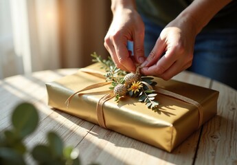 Hands tie a bow on a gold-wrapped gift adorned with dried flowers and eucalyptus under soft morning sunlight.