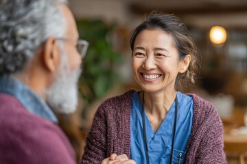 Smiling senior woman holds hands with her Doctor in a healthcare setting during a medical consultation