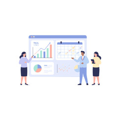 Fototapeta premium Diverse employees celebrate successful project completion with colorful charts and data visualization on a large screen in a modern office setting