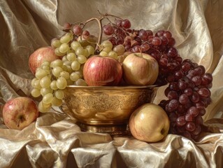 Still life painting classic fruit composition ornate bronze bowl apples grapes draped fabric warm background