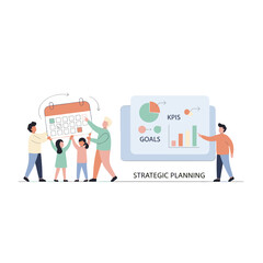 Diverse group of office professionals collaborating on year end statistics and strategic planning using calendars charts and graphs in a clean flat design illustration
