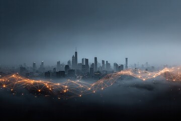 Glowing cityscape reflects on water with orange mountains on the horizon under dark sky