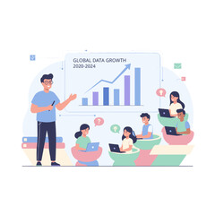 Diverse group of people attending a business presentation with data growth charts and laptops in a modern conference room with blue and purple color scheme lighting