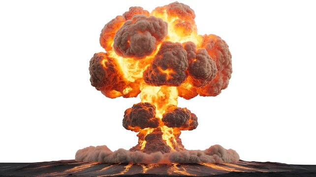 Massive fiery explosion with dense mushroom cloud rising above - Powered by Adobe