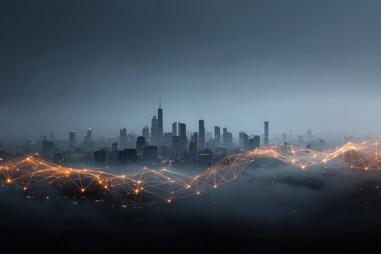 Glowing cityscape reflects on water with orange mountains on the horizon under dark sky