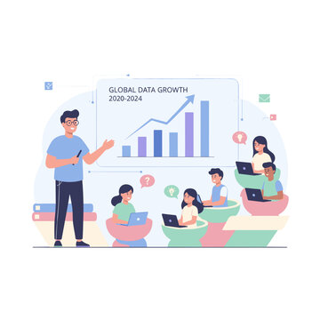 Diverse group of people attending a business presentation with data growth charts and laptops in a modern conference room with blue and purple color scheme lighting