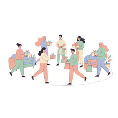 Diverse Group Of People Exchanging Wrapped Presents With Soft Bright Colors And Flat Vector Style Celebration And Happiness