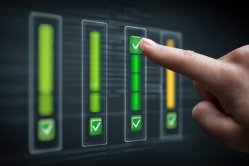Progress Dashboard with Finger Tapping Middle Box Showing Completion Status and User Interface Design for Technological Advancement