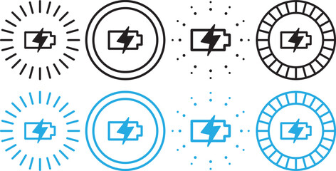 Wireless charger battery. Glowing symbols with lightning bolts. Electromagnetic charger icons. Wireless charging icon logo
