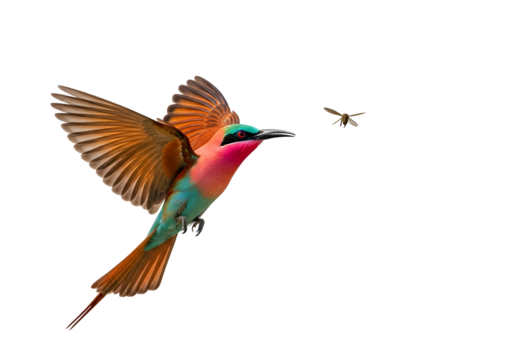 A vibrant, colorful bird, a rosy-throated bee-eater, soars through a black backdrop, a small insect in pursuit.