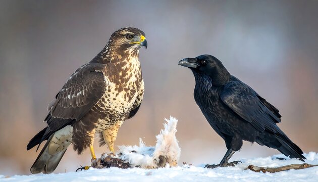 Two birds confront each other on snowy ground, one with patterned brown plumage, the other all black, observing prey - Powered by Adobe
