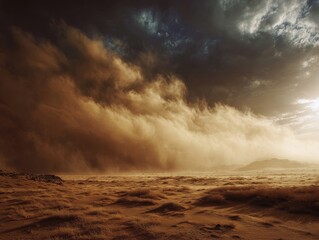 Vast Desert Plain Underneath a Heavy Dust Cloud at Sunset, with Sparse Vegetation and Distant Mountains - Arid Terrain, Environmental Event, Moody Atmosphere