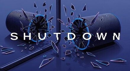 A digital illustration showing the word 'SHUTDOWN' with two shattering cylindrical objects and flying debris on a dark blue background.